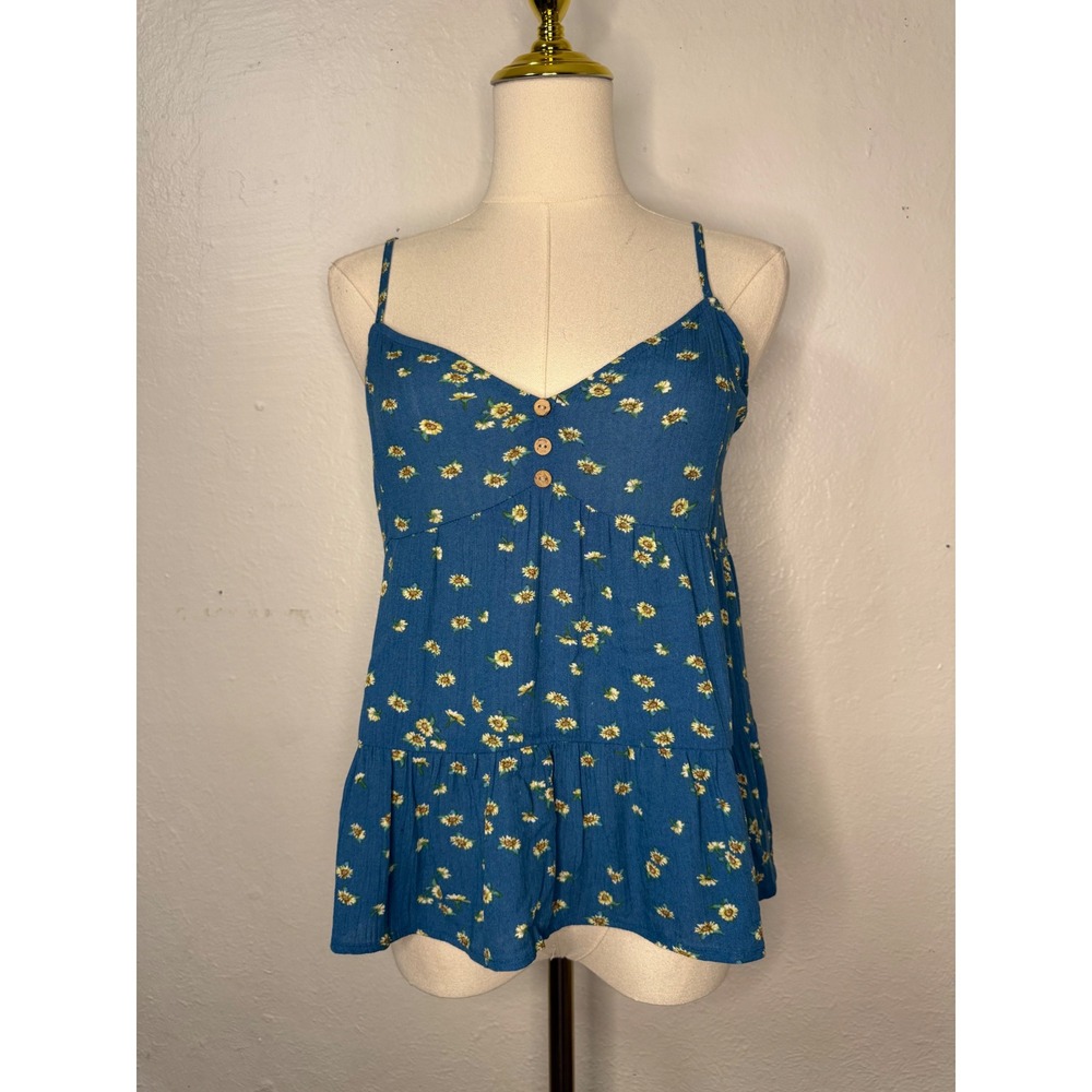 French Quarter Women's Small Babydoll Tank Top Blue‎ Floral Sunflowers